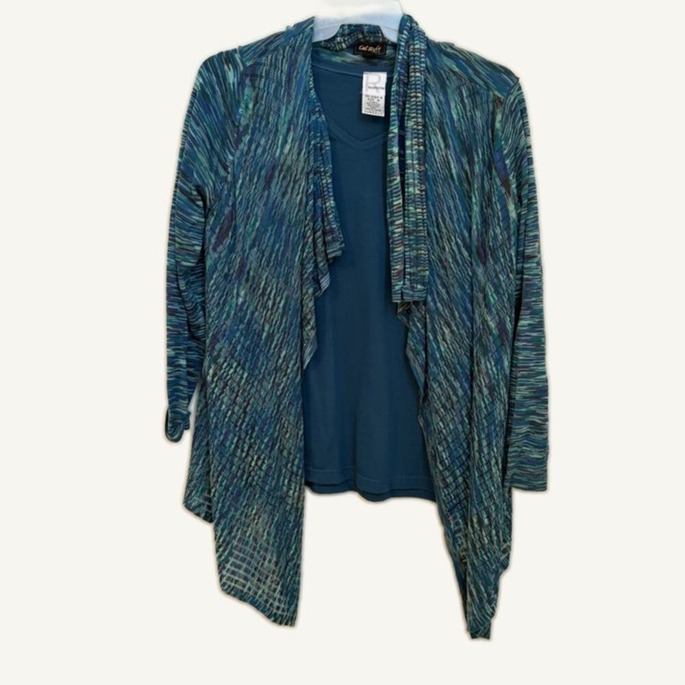 Roaman's Lrg Cal Style Teal Knit 2PC Set - Short Sleeve Top & Waterfall Cover